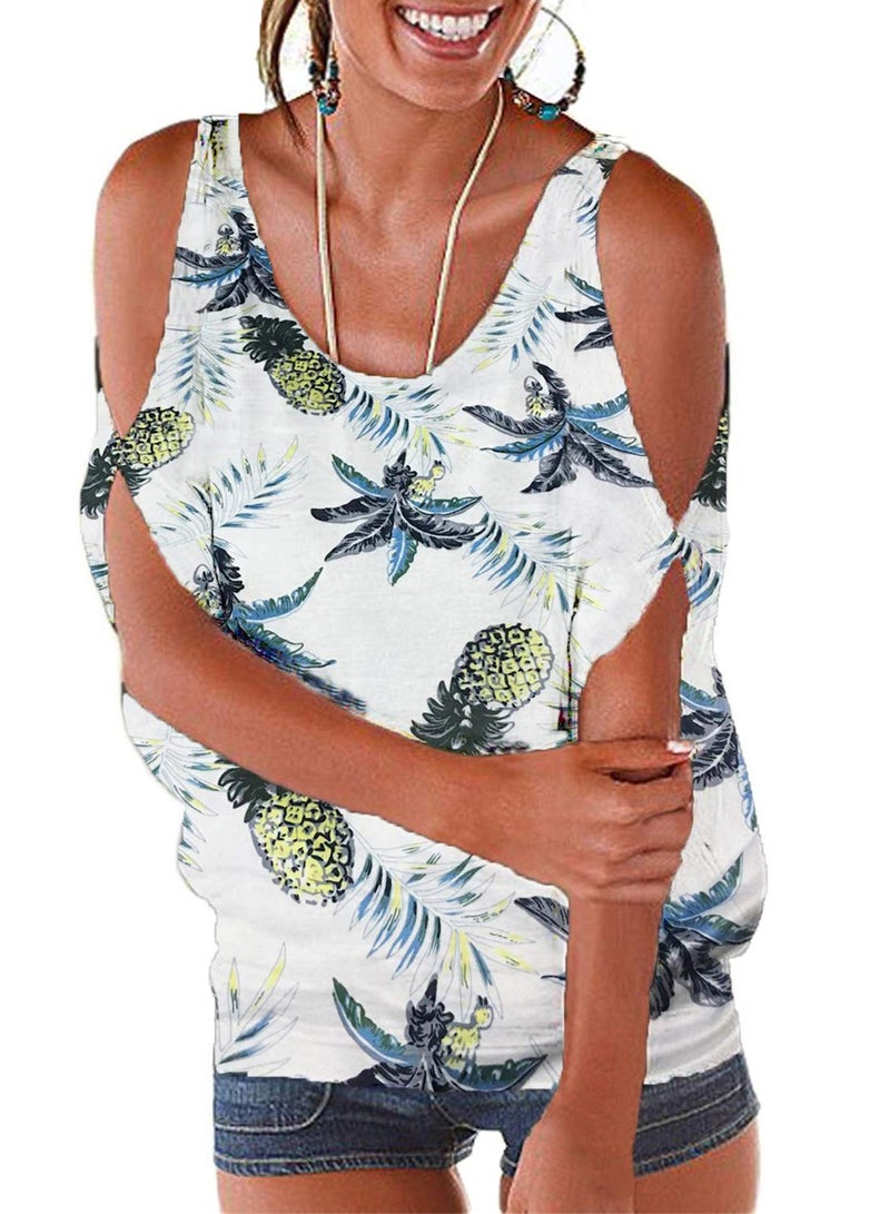 Miselon Women Cold Shoulder O-Neck Short Sleeve Sexy Loose Fit Summer Shirt Blouse Tops White Pineapple L - Image 1